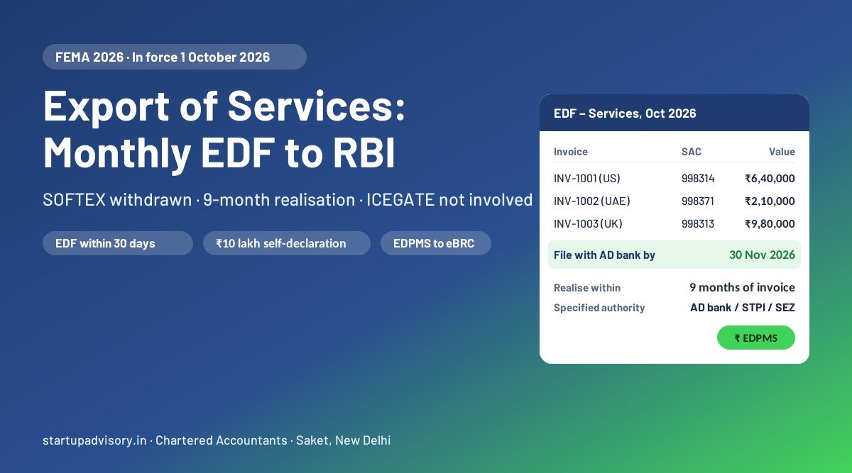 Export of services reporting under FEMA 2026: monthly EDF to AD bank, 9-month realisation from invoice, eBRC on DGFT